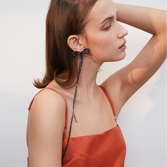 Black colored Rhinestone long Bow Earrings - Picture 12 of 16